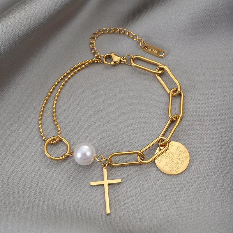 PULSERA COLGANTE PERLA CRUZ GOLD MEY
