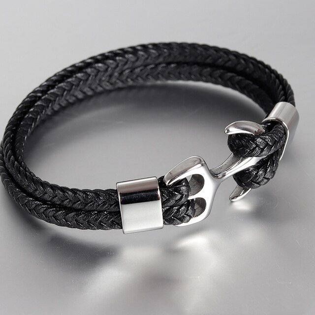 PULSERA ACERO MEN NEGRA ANCLA PLATA